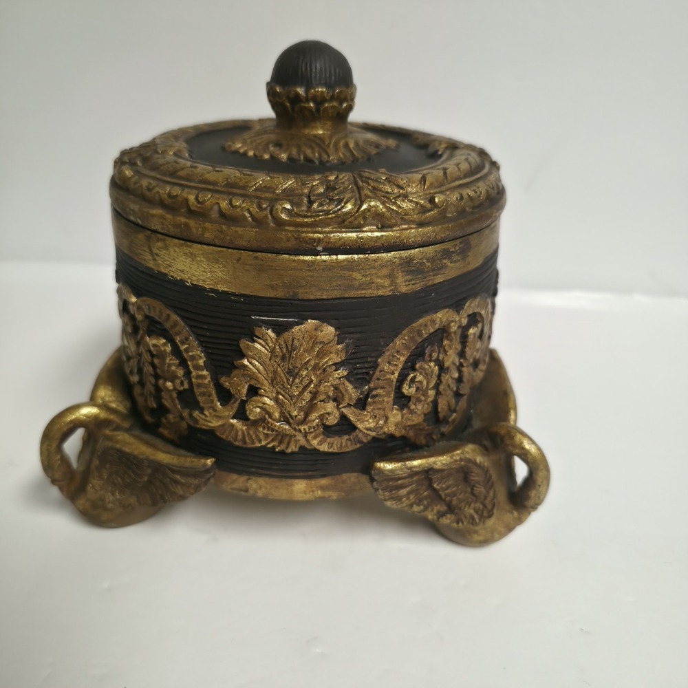 Vintage Ornate Heavy Trinket Box Gold Swan Feet Jewelry Casket Jar Lid